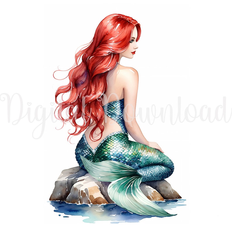 May include: A watercolor painting of a mermaid with long red hair sitting on a rock with her tail in the water. The mermaid is wearing a green and blue tail with a green top.