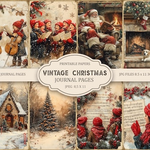 Può includere: Un collage di immagini natalizie vintage, tra cui un cottage innevato, un albero di Natale, un camino con calze, un gruppo di bambini che cantano canti natalizi e Babbo Natale che legge un libro. Le immagini sono stampate su carta con un aspetto vintage e usurato. Pagine di diario di scarto, carte stampabili, pagine di diario di Natale vintage, JPEG 8,5 x 11, file JPG 8,5 x 11 300 DPI.