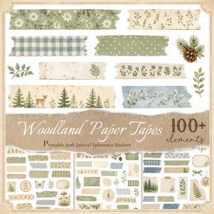 May include: A collection of Woodland Paper Tapes featuring over 100 printable junk journal ephemera stickers. The set includes various strips with green floral patterns, blue gingham, pine trees, a deer, ferns, mushrooms, and pinecones.