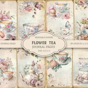Páginas de diario de té con flores, efímeras de primavera, imprimibles sobre té, papel imprimible, collage digital, páginas sobre té, collage digital