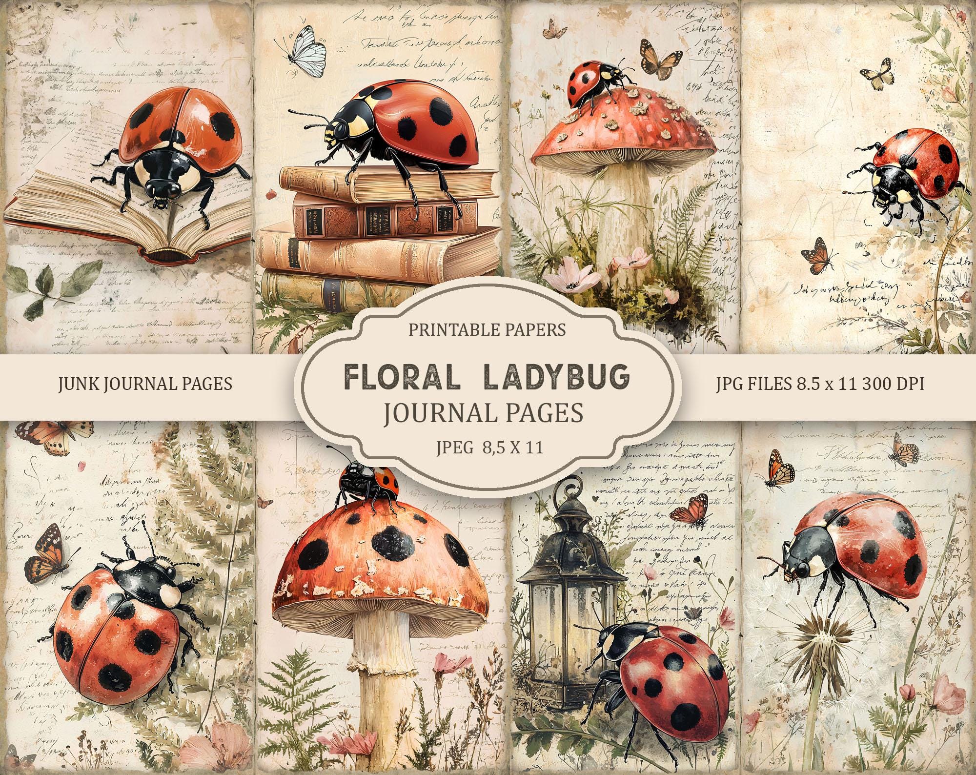Floral Ladybug Junk Journal Kit: Printable Scrapbook Pages, Flowers ...
