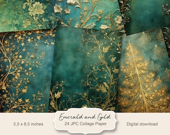 Emerald and Gold Junk Journal Kit, Collage Papers (Digital Download)