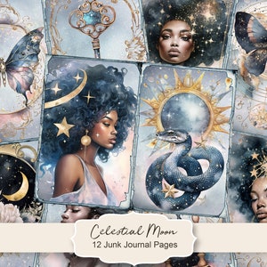 Pagine di diario spazzatura della luna celeste, effimeri lunari, album di ritagli stampabili, carta stampabile, collage digitale, pagine mistiche, foglio di collage digitale