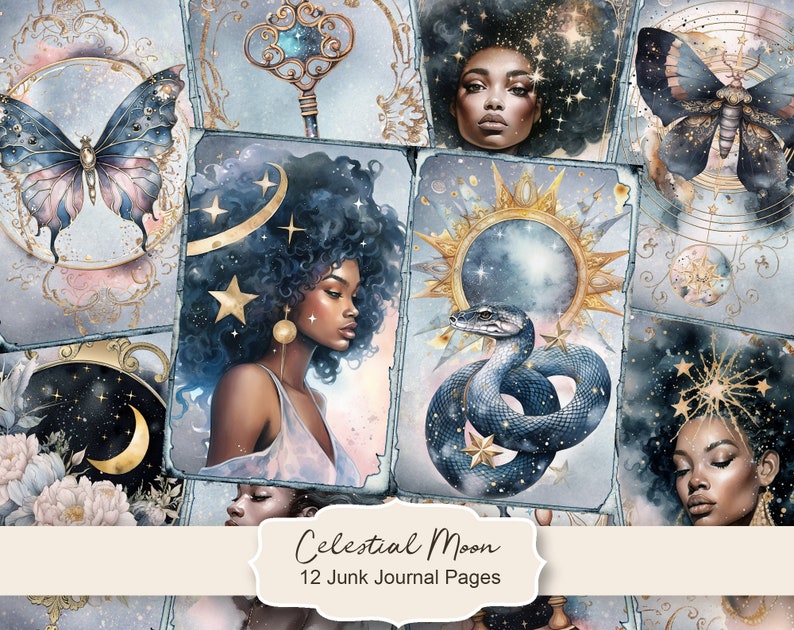 May include: Twelve digital collage sheets featuring celestial and mystical themes. The images include a crescent moon, stars, butterflies, a snake, and women with dark skin and curly hair. The images are in shades of blue, gold, and white.