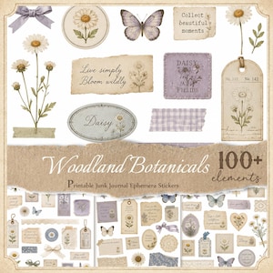 May include: A collection of printable junk journal ephemera stickers featuring daisy illustrations, butterflies, purple bows, and vintage-style tags with text including Collect beautiful moments, Live simply Bloom wildly, and Daisy.