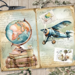 May include: A vintage travel scrapbook with a blue globe, a blue airplane, and a suitcase. The scrapbook has a light blue background with handwritten text and stamps.