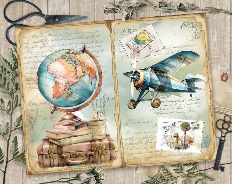 May include: A vintage travel scrapbook with a blue globe, a blue airplane, and a suitcase. The scrapbook has a light blue background with handwritten text and stamps.