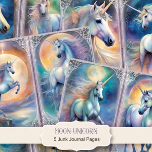 Pagine del diario spazzatura Moon Unicorn, carta digitale sirena per Scrapbooking, carta digitale marina, pagine del diario marino, 5 pagine JPG