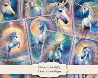 May include: Five digital collage sheets featuring colorful, whimsical illustrations of unicorns with flowing manes and tails against a backdrop of swirling nebulae and moons.  The text "MOON-UNICORN 5 Junk Journal Pages" is at the bottom of the image.