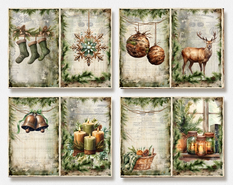 Rustic Christmas Junk Journal Kit, Merry Christmas Junk Journal Pages, Santa Scene Junk Journal Printable Paper, Digital Collage Sheet image 3