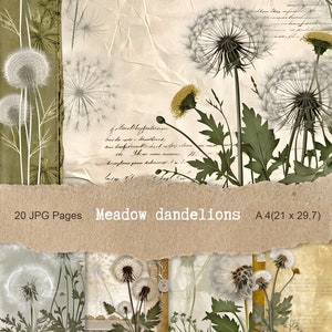 Wiese Pusteblumen, Junk Journal Hintergrund, Scrapbooking Papier für Junk Journals, Patchwork Seiten, 20 JPC (A-4)