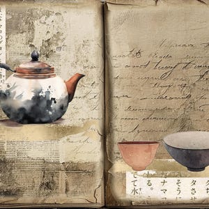 May include: A watercolor painting of a teapot and two bowls on a vintage, textured background. The teapot is white with black splotches and a copper lid. The bowls are brown and gray. The background is covered in faded text and patterns.