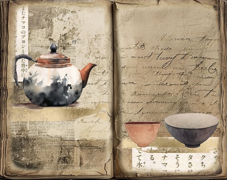 May include: A watercolor painting of a teapot and two bowls on a vintage, textured background. The teapot is white with black splotches and a copper lid. The bowls are brown and gray. The background is covered in faded text and patterns.