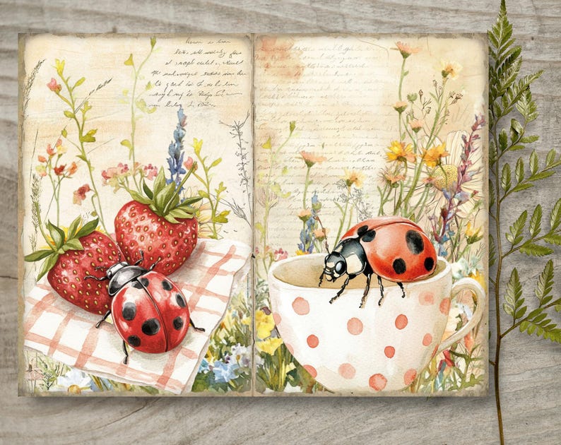Baby Ladybug Pages Junk Journal Kit: Printable Scrapbook Pages, Flowers ...