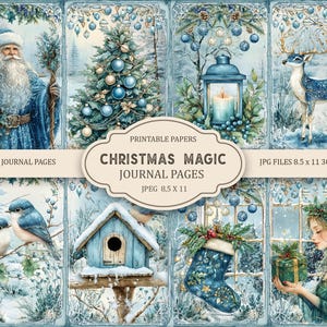Op de afbeelding: Een set van zes printbare digitale dagboekpagina's met een winterwonderlandthema. De pagina's bevatten een blauwe kerstboom, een blauwe vogel, een vogelhuisje, een lantaarn, een hert en een meisje met een cadeau. De tekst "Christmas Magic Journal Pages" is in de afbeelding opgenomen.