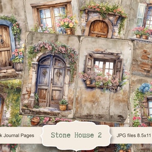 Diario digital de 5 páginas con diseño de Stone House-2, ventanas con motivos florales Shabby Chic, papel digital con diseño de casa, JPG de verano, hoja de collage digital, imprimible