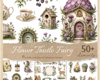 Flower Thistle Fairy Stickers for Junk Journals, Printable Fussy Cuts, Digital Ephemera, Scrapbook,  JPG