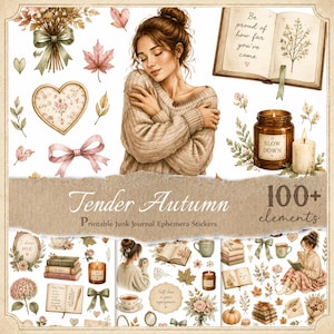 May include: A digital collection of Tender Autumn printable junk journal ephemera stickers featuring illustrations of a person in a beige sweater, open books with text, candles labeled Slow Down, floral bouquets, heart frames, ribbons, and autumn leaves.