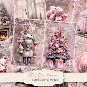 Kit di diario spazzatura 2 Natale rosa, pagine di diario spazzatura di Buon Natale, carta stampabile diario spazzatura scena di Babbo Natale, foglio di collage digitale