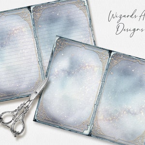 May include: Two open pages of a journal with a blue and white starry sky background. The pages have gold ornate borders and lined paper. The text "Wizards Art Designs" is visible in the top right corner.