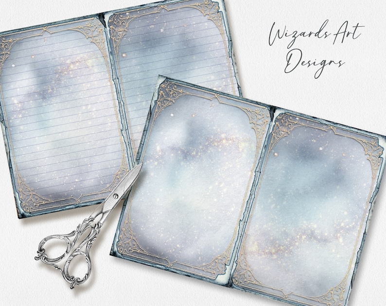 May include: Two open pages of a journal with a blue and white starry sky background. The pages have gold ornate borders and lined paper. The text "Wizards Art Designs" is visible in the top right corner.