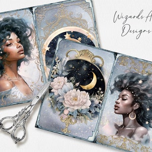 May include: Three digital collage sheets featuring a woman with dark curly hair and a crescent moon with stars. The background is a blue and gold watercolor design with a floral motif. The text "Wizards Art Designs" is in the top right corner.