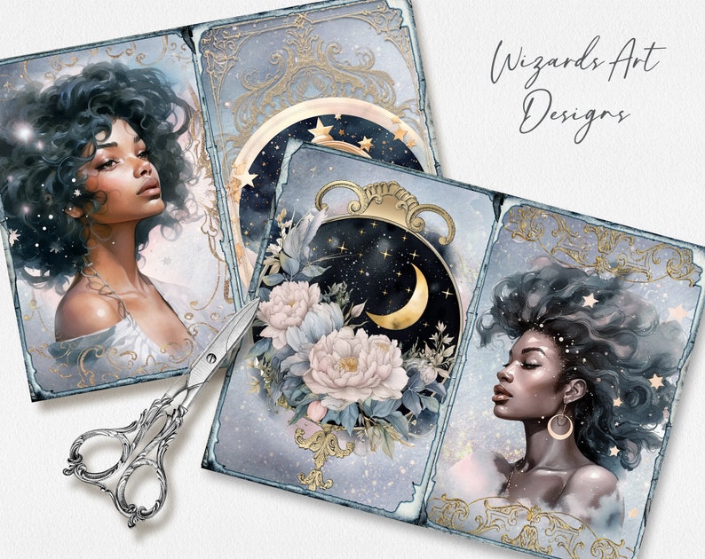 May include: Three digital collage sheets featuring a woman with dark curly hair and a crescent moon with stars. The background is a blue and gold watercolor design with a floral motif. The text "Wizards Art Designs" is in the top right corner.