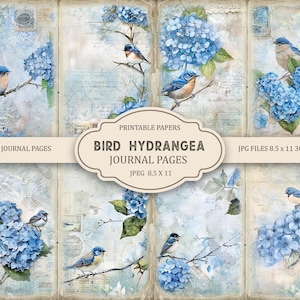 May include: A collage of printable journal pages featuring watercolor illustrations of blue birds perched on branches with blue hydrangea flowers. The pages have a vintage, aged paper aesthetic with text and stamps. Text on the image reads: "BIRD HYDRANGEA JOURNAL PAGES".