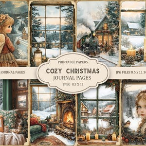 May include: A set of printable digital papers featuring cozy winter scenes. The papers include images of a girl with angel wings, a train in a snowy forest, a fireplace, and a window view of a snowy village. The papers are perfect for scrapbooking, card making, and other paper crafts.