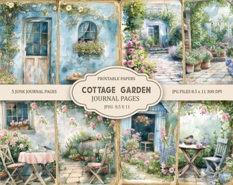 May include: Five printable journal pages featuring watercolor illustrations of a cottage garden. The pages include a blue door, a window with flowers, a stone path, and a table with chairs. The text "Cottage Garden Journal Pages" is printed on the pages.
