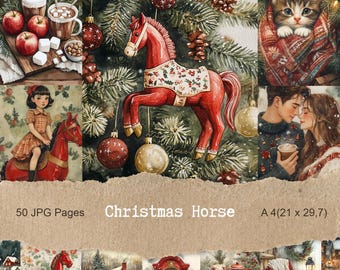 Christmas Rocking Horse Printable Paper Pack, A-4 Junk Journal Background 50 JPC