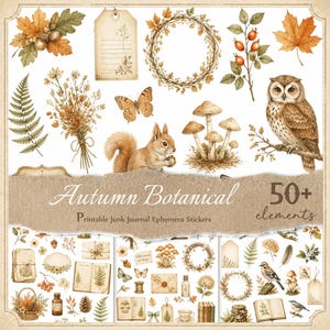 May include: A collection of autumn-themed botanical illustrations including an owl, squirrel, mushrooms, leaves, ferns, and butterflies. The text reads Autumn Botanical Printable Junk Journal Ephemera Stickers 50+ elements, featuring various vintage-style paper ephemera.