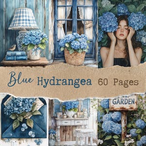 Puede incluir: Un collage de imágenes con hortensias azules y temas relacionados. El texto "Blue Hydrangea 60 Pages" es visible. Las imágenes incluyen una mujer, una ventana, una lámpara y un letrero de jardín, todo con una estética de acuarela.