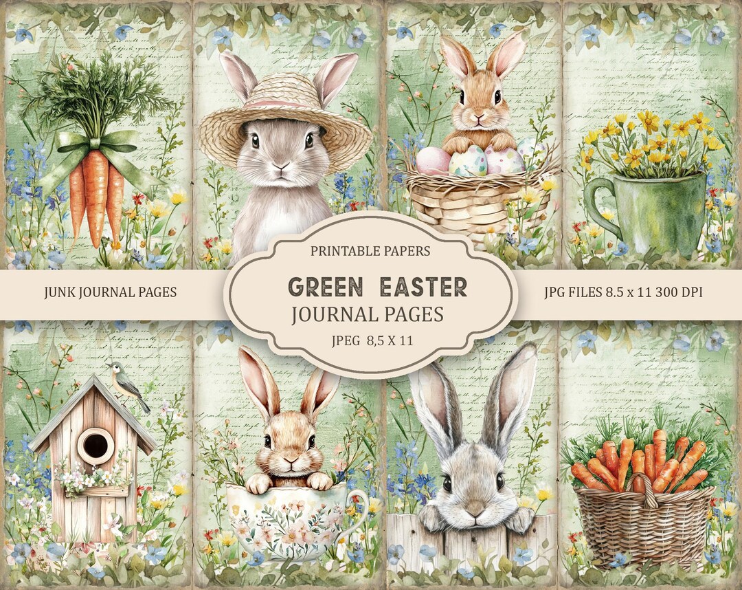 Green Easter Pages Junk Journal Kit: Printable Scrapbook Pages, Flowers ...