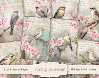 春の花のジャンクジャーナルデジタルページ、鳥の紙のスクラップブック、春のデジタルペーパー、春のJPG、デジタルコラージュシート、印刷可能