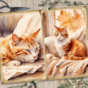 May include: Two watercolor paintings of orange tabby cats. The cat on the left is lying down on a white blanket with its head resting on a rolled up piece of paper. The cat on the right is sitting on a white blanket with a white pillow behind it. The background of both paintings is a light brown.