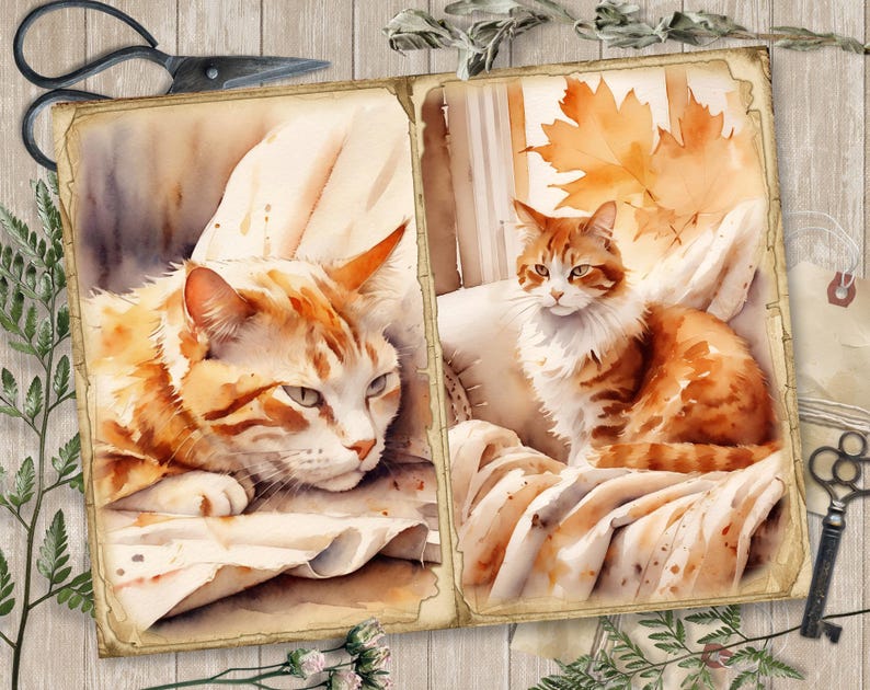 May include: Two watercolor paintings of orange tabby cats. The cat on the left is lying down on a white blanket with its head resting on a rolled up piece of paper. The cat on the right is sitting on a white blanket with a white pillow behind it. The background of both paintings is a light brown.