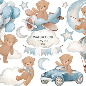 Clipart aquarelle ours en peluche, clipart aquarelle baby shower, bébé garçon, clipart enfants, décoration de chambre d'enfant, art de la chambre de bébé, baby shower PNG.