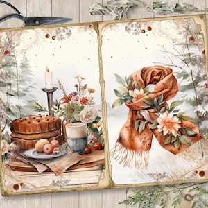 May include: A vintage-style, two-page journal with a watercolor illustration of a winter scene on each page. The left page features a cake, a cup of coffee, and a candle on a table with flowers. The right page features a brown scarf with flowers and a snowy background.