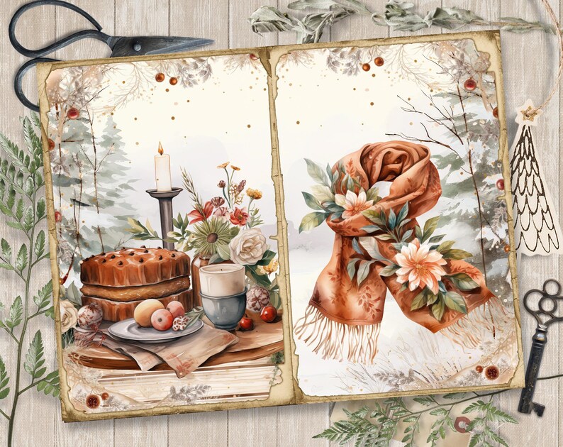 May include: A vintage-style, two-page journal with a watercolor illustration of a winter scene on each page. The left page features a cake, a cup of coffee, and a candle on a table with flowers. The right page features a brown scarf with flowers and a snowy background.