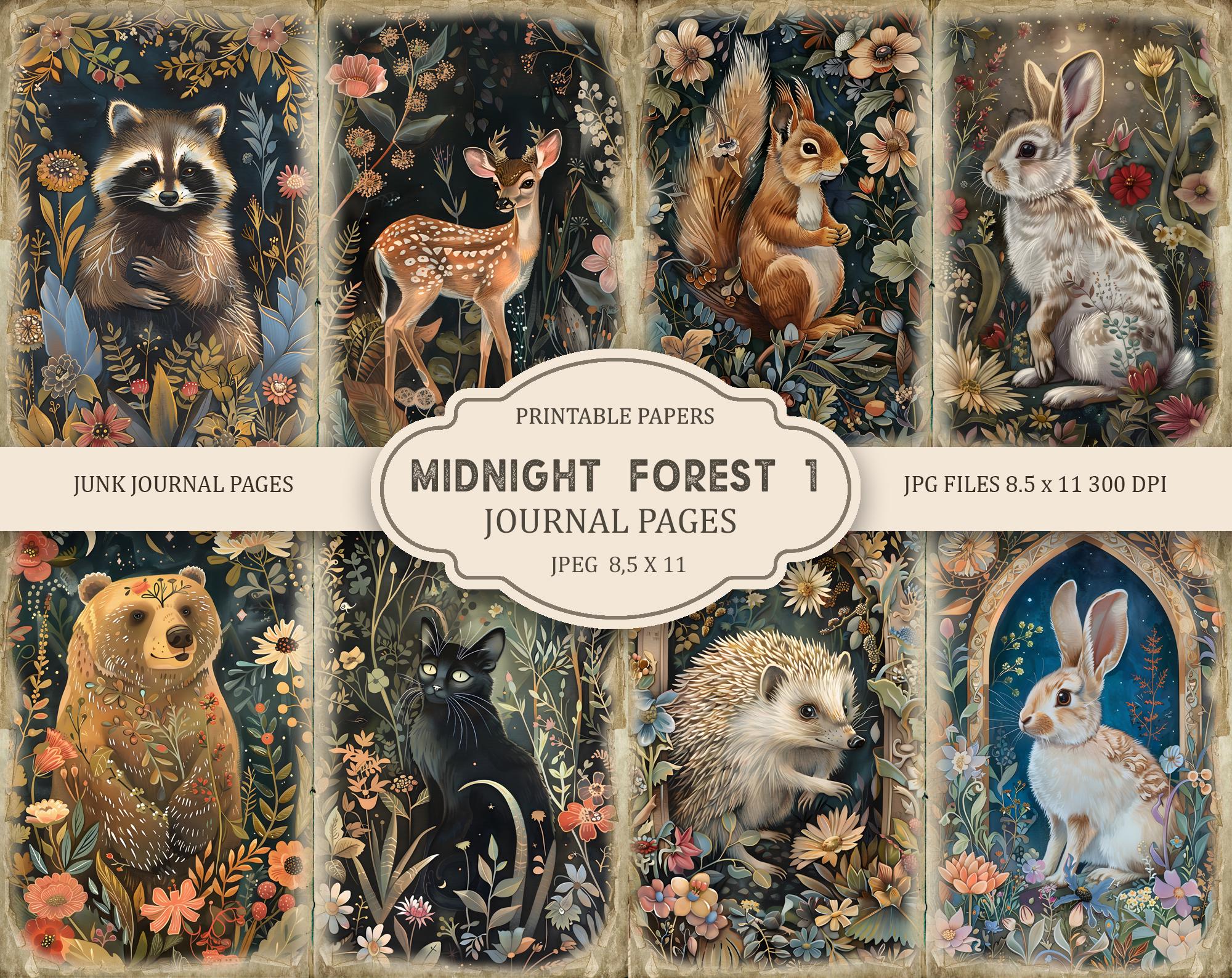 Midnight Forest. Animals 1 Junk Journal Pages, Spring Ephemera, Scrapbook printable, Printable Paper, Digital Collage, Spring Pages,