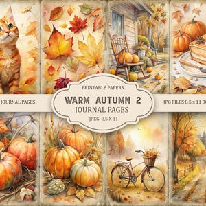 Puede incluir: Un conjunto de páginas de diario imprimibles con un tema de otoño cálido. Las páginas presentan ilustraciones en acuarela de calabazas, hojas de otoño, un gato, una mecedora, una porción de pastel, una bicicleta y un camino rural. El texto dice "Warm Autumn 2 Journal Pages".
