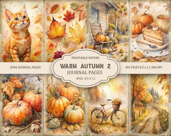 May include: A collection of printable journal pages with a warm autumn theme. The pages feature watercolor illustrations of pumpkins, fall leaves, a cat, a rocking chair, a slice of cake, a bicycle, and a country road. The text on the pages reads "Warm Autumn 2 Journal Pages".