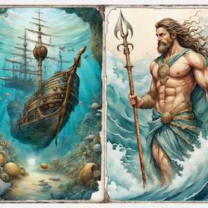 K&ouml;nnte beinhalten: Eine Vintage-Illustration eines versunkenen Schiffes mit aufwendigen Details, umgeben von Muscheln und Korallen, und eine Darstellung von Poseidon, dem griechischen Gott des Meeres, der mit einem Dreizack in den Wellen steht.