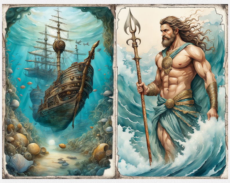 K&ouml;nnte beinhalten: Eine Vintage-Illustration eines versunkenen Schiffes mit aufwendigen Details, umgeben von Muscheln und Korallen, und eine Darstellung von Poseidon, dem griechischen Gott des Meeres, der mit einem Dreizack in den Wellen steht.