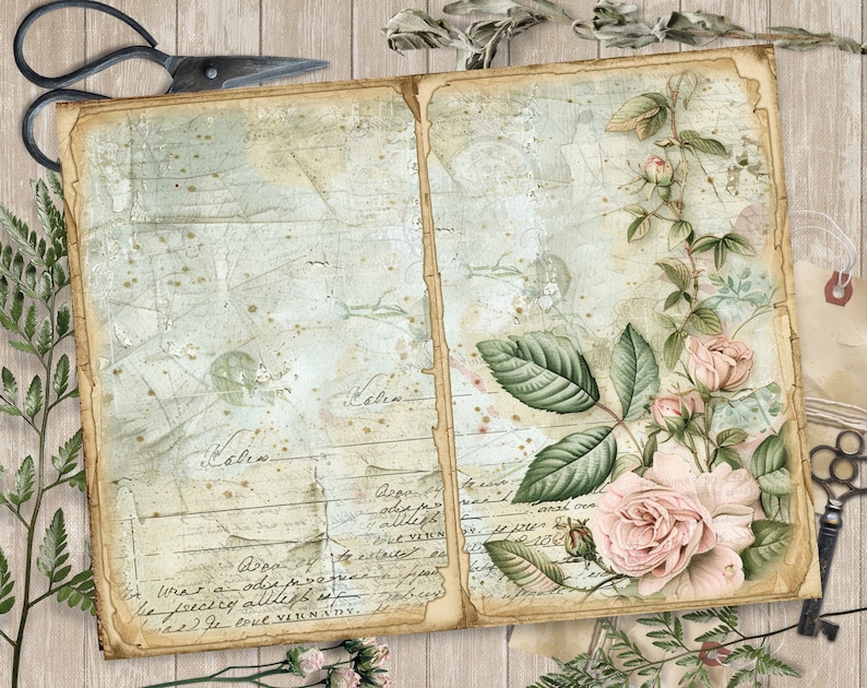 Op de afbeelding: Een vintage, verweerd, cr&egrave;mekleurig dagboek met een bloemenontwerp op de rechterpagina. Het bloemenontwerp bevat roze rozen en groene bladeren. De linkerpagina heeft een vervaagde, blauwgroene achtergrond met handgeschreven tekst.