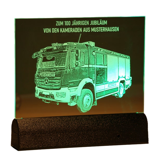 Acrylglas Rechteck Ehrung 200 × 185 mm mit LED-Beleuchtung, Text- und Fotogravur Feuerwehr