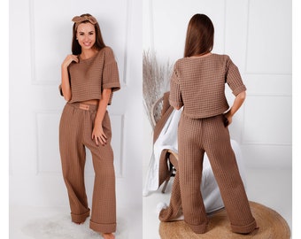 Women Homewear Waffle weave pants and crop top Matching set Cotton cozy pajama Two piece set