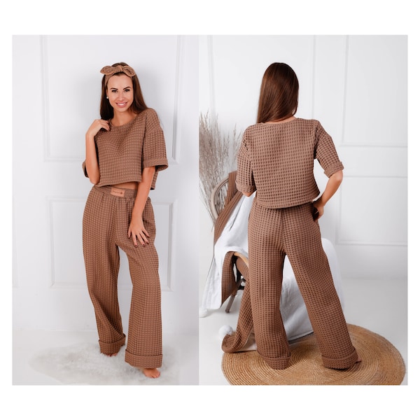 Women Homewear Waffle weave pants and crop top Matching set Cotton cozy pajama Two piece set