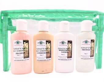 Set de ducha con leche de cabra, cuidado natural de la piel elegante para pieles secas, sensibles e irritadas, eccema, psoriasis, dermatitis, rosácea, tamaño de viaje
